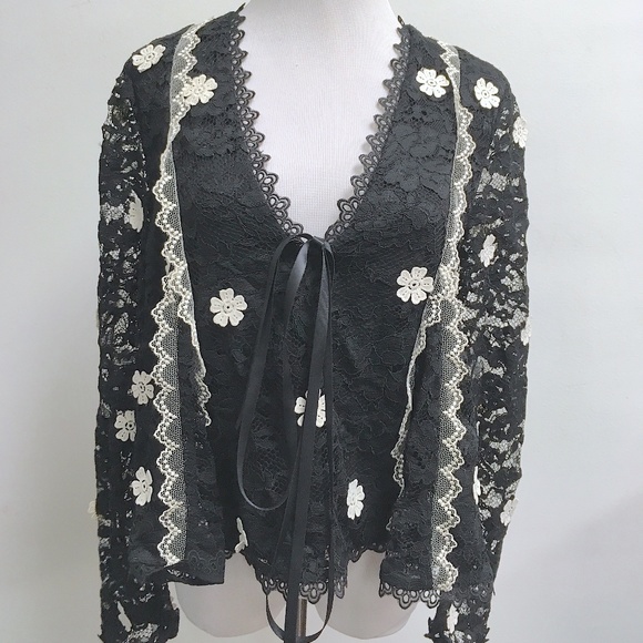 Alexis CYNDI v-neck semi sheer lace long sleeve chrochet top black NEW L - Picture 4 of 7